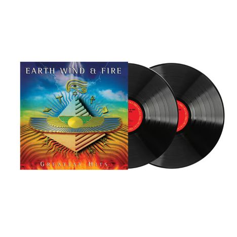 "EARTH, WIND & FIRE" und "GREATEST HITS". Illustration einer Pyramide, Wolken und Blitzen, daneben zwei schwarze Schallplatten.
