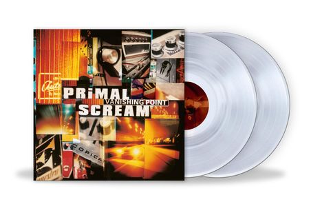 „Primal Scream Vanishing Point“; Collage bunter, abstrakter Bilder und zwei silbern schimmernde Vinyl-Schallplatten.