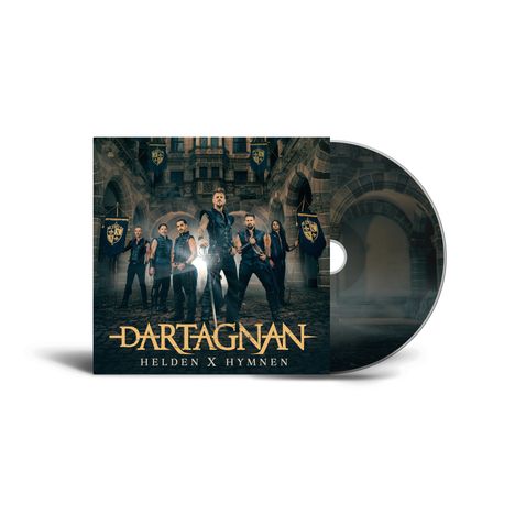 "DARTAGNAN HELDEN X HYMEN" in großen Buchstaben. Eine Gruppe von Männern in mittelalterlicher Kleidung steht in einem Burghof.