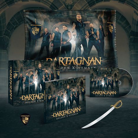 Texte: "Dartagnan", "Helden x Hymnen". Mehrere Männer in mittelalterlicher Kleidung schauen ernst.