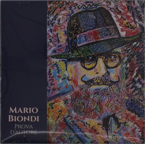 „Mario Biondi Prova D'Autore“ steht links in weiß. Bunter, skizzenhafter Mann mit Hut und Brille rechts.