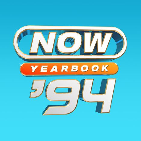 „NOW YEARBOOK '94“ in einem glänzenden, dreidimensionalen Textstil auf türkisem Hintergrund.