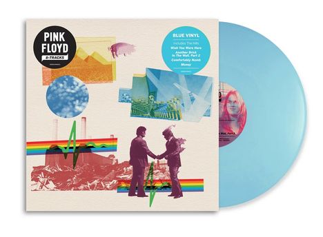 Text: "PINK FLOYD 8-TRACKS", "BLUE VINYL Includes The Hits". Collage aus Fotos, Grafiken und einer blauen Schallplatte.