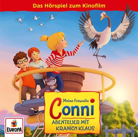 "Das Hörspiel zum Kinofilm", "Meine Freundin Conni - Abenteuer mit Kranich Klaus". Illustration von Kindern und einem Kranich.