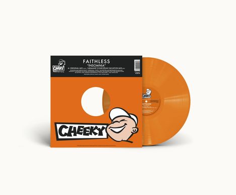 Text: "Faithless 'Insomnia'", "Cheeky Records". Eine orange Schallplatte mit einem lächelnden Gesicht im Logo.