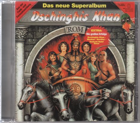"Das neue Superalbum", "Dschinghis Khan”. Illustration: Krieger auf einem Streitwagen, umgeben von Menschen und Pferden.