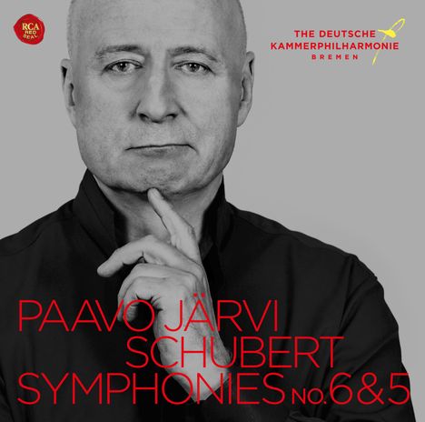 PAAVO JÄRVI SCHUBERT SYMPHONIES NO. 6 & 5. Logo: THE DEUTSCHE KAMMERPHILHARMONIE BREMEN. Mann mit Hand am Kinn.