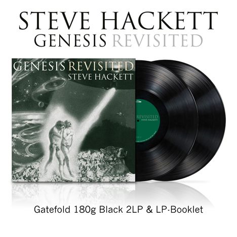 Text: "Steve Hackett Genesis Revisited. Gatefold 180g Black 2LP & LP-Booklet." Cover zeigt ein Paar umarmt, kosmisches Design.