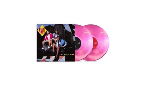 Text: "SWV" und "It's About Time". Cover mit drei Personen auf einer Baustelle, daneben zwei pinke Schallplatten.