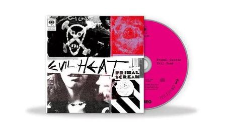 Text „Evil Heat“ groß auf Collage; CD daneben in Magenta mit „Primal Scream“; Schwarz-weißes, kontrastreiches Cover.