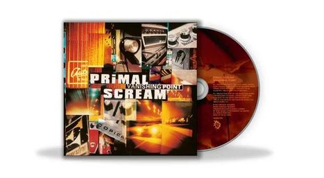 "PRIMAL SCREAM VANISHING POINT" in großen weißen Buchstaben auf einem farbenfrohen Collage-Hintergrund; CD daneben.