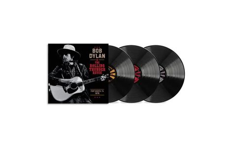 Text: "Bob Dylan The Rolling Thunder Revue Fort Worth, TX 1976." Drei Schallplatten und ein Cover mit Gitarrist.