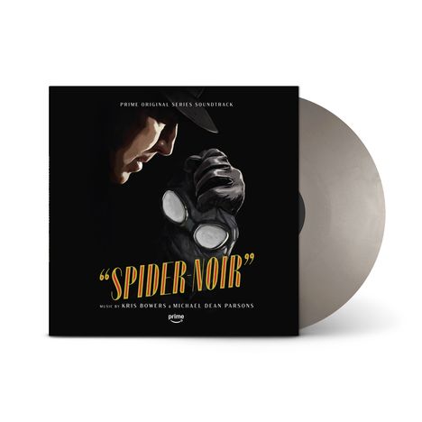 "SPIDER-NOIR" Soundtrack, Musik von Kris Bowers und Michael Dean Parsons. Illustration eines maskierten Mannes mit Hut.