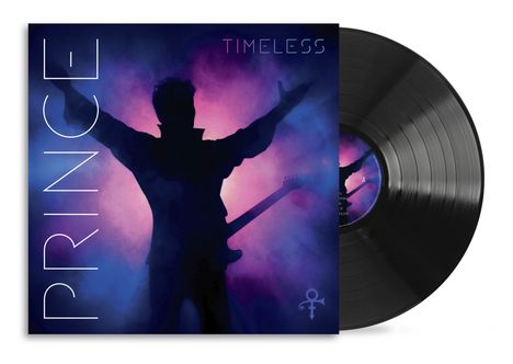"PRINCE" und "TIMELESS" in Weiß und Blau auf lila Hintergrund, Silhouette einer Person mit Gitarre, Schallplatte sichtbar.