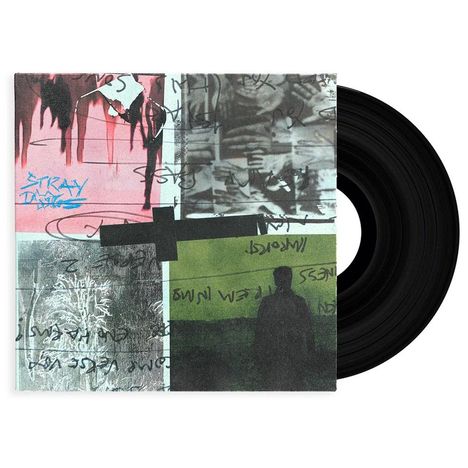 Text: "STRAY". Cover einer Schallplatte mit abstrakter Collage aus Farbakzenten und skizzenhaften Elementen.