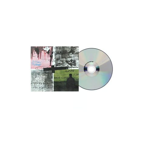 Links Text: "STRAY TRACKS". 
Illustration: Vier Abschnitte mit abstrakten Mustern. Rechts daneben eine CD.