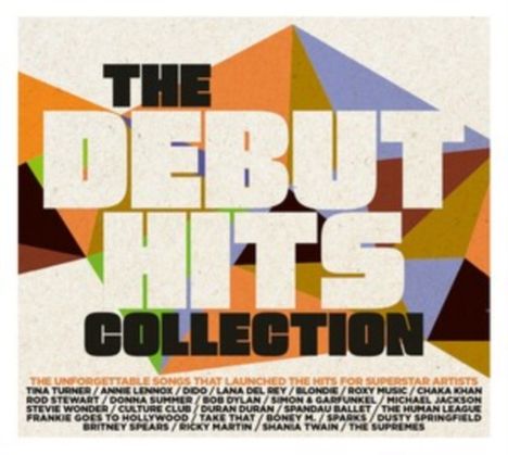 Texte: "THE DEBUT HITS COLLECTION", Liste von Künstlernamen, Hintergrund: bunte geometrische Formen.