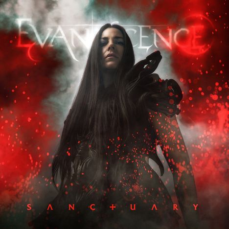 "Sanctuary" in roter Schrift unten. Weibliche Figur mit langem Haar steht im Vordergrund, umgeben von Rauch und roten Lichtpunkten.