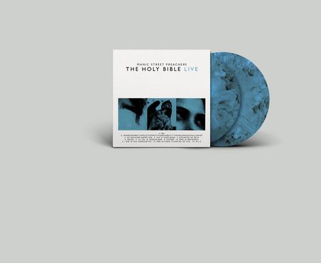 Albumcover mit Text "Manic Street Preachers, The Holy Bible Live". Zwei blau marmorierte Schallplatten.