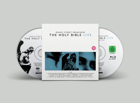 Text: "Manic Street Preachers - The Holy Bible Live" und eine Liste von Titeln. Oben schwarz-weiße, körnige Bilder.