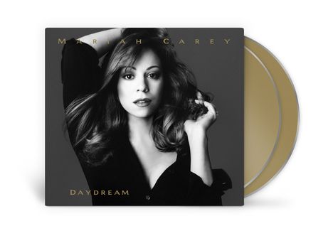 „Mariah Carey“ und „Daydream“ auf einem CD-Cover, schwarz-weißes Porträt einer Frau mit langen Haaren.