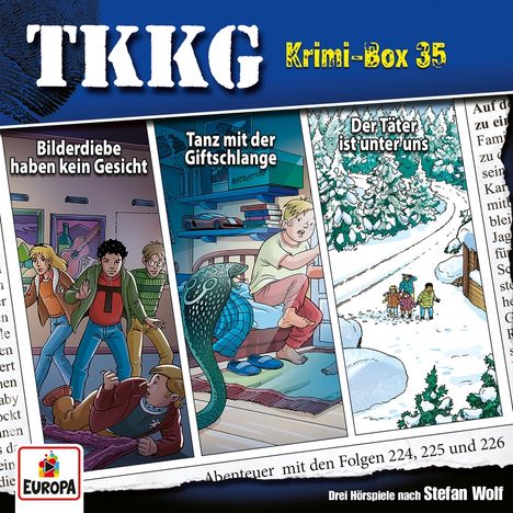 "TKKG Krimi-Box 35". Drei Illustrationen: Personen im Raum, Junge mit Giftschlange, Kinder im Schnee. EUROPA-Logo unten links.