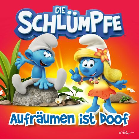 Text: "Die Schlümpfe" und "Aufräumen ist Doof". Zwei fröhliche, blaue Schlümpfe; einer sitzt, der andere steht auf einem Stein.