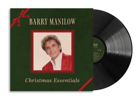 "Barry Manilow, Christmas Essentials" auf einem dunkelgrünen Albumcover mit rotem Rand und einem Foto.