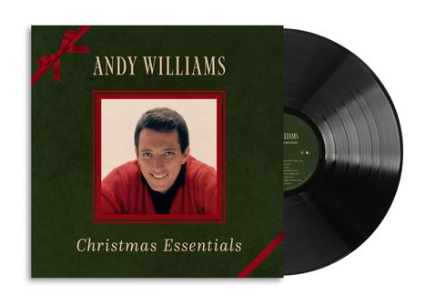 "ANDY WILLIAMS Christmas Essentials". Dunkelgrüne Hülle mit roter Schleife und Foto eines Mannes. Eine Schallplatte.
