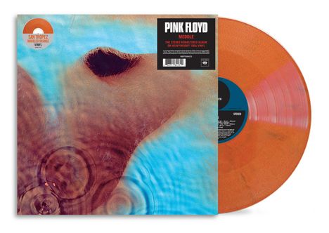 Text: "SAN TROPEZ MARBLED ORANGE VINYL", "PINK FLOYD MEDDLE". Cover in Blau-Orange mit konzentrischen Kreisen.
