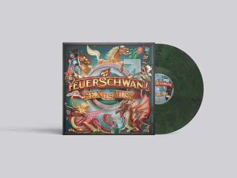 "FEUERSCHWANZ, SEX IS MUSS", Illustration mit Rittern, Pferden und einem Drachen, grüne Schallplatte.