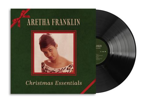 "ARETHA FRANKLIN Christmas Essentials." Grünes Cover mit rotem Band, Bild einer jungen Frau, Schallplatte sichtbar.