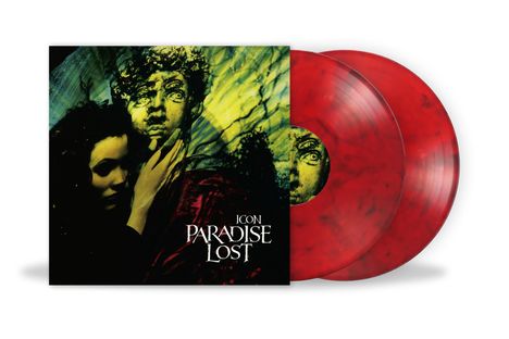Text: "ICON PARADISE LOST". Illustration: Eine Frau hält eine antike Büste. Rote Vinyl-Schallplatten im Hintergrund.