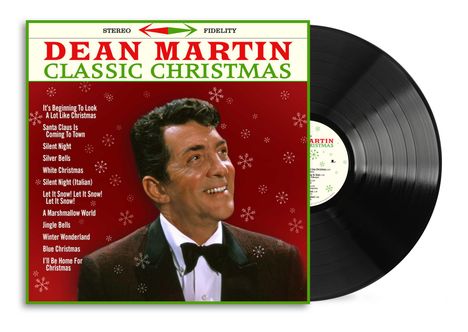 "DEAN MARTIN CLASSIC CHRISTMAS" Albumcover zeigt Dean Martin, rote Hintergrundfarbe mit Schneeflocken, Vinyl im Hintergrund.