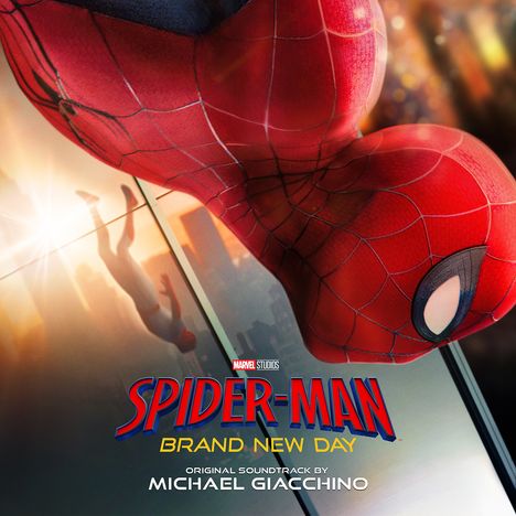 Text: "Spider-Man: Brand New Day. Original Soundtrack by Michael Giacchino." Spider-Man hängt kopfüber neben einem Glasgebäude.
