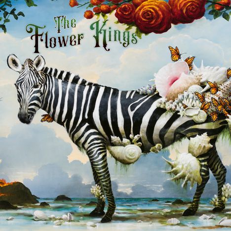 „The Flower Kings“ steht oben. Ein Zebra mit Blumen und Schmetterlingen, umgeben von Wolken und Meer. Surreal und bunt.