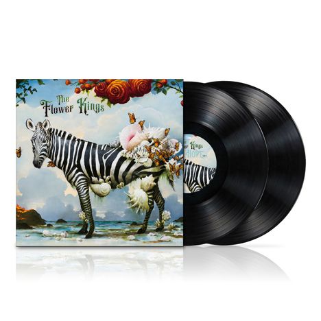 Text: "The Flower Kings". Ein Zebra, das mit Muscheln und Schmetterlingen geschmückt ist, umgeben von Rosen und Wolken.