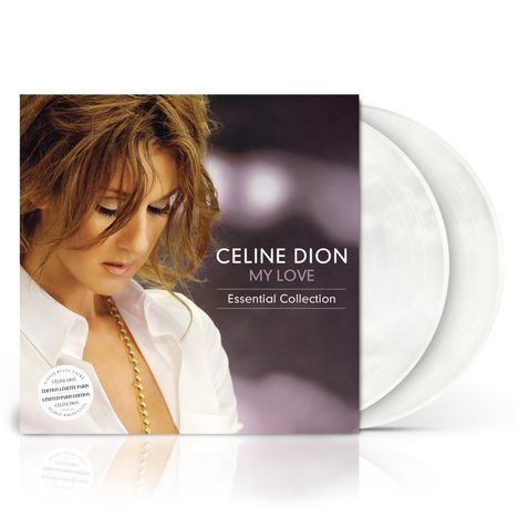 Text: "Celine Dion My Love Essential Collection." Portrait einer Frau mit geschlossenen Augen und welligem Haar. Zwei weiße Vinylplatten.