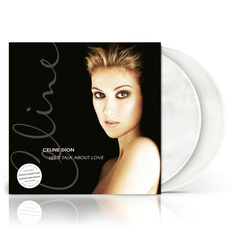 "Celine Dion, Let's Talk About Love." Ein Porträt von Celine Dion vor schwarzem Hintergrund, zwei weiße Vinyl-Schallplatten.