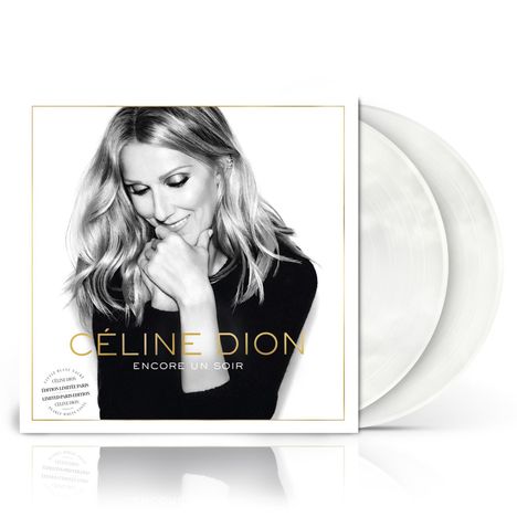 "CÉLINE DION - ENCORE UN SOIR" steht auf einem Schwarz-Weiß-Foto der Sängerin, die sanft lächelnd posiert.