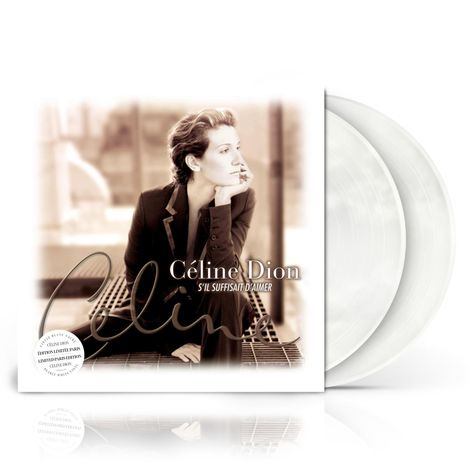 Text: "Céline Dion - S'il Suffisait d'Aimer" und "Édition Limitée 2 LPs". Sepia-Foto von Frau in eleganter Pose.