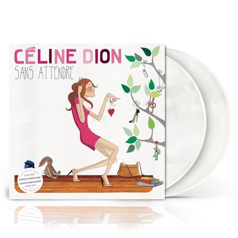 "Céline Dion Sans Attendre" steht oben. Zeichnung einer Frau in Pink auf einer Bank, mit Herz in der Hand, neben einem Baum mit Objekten.