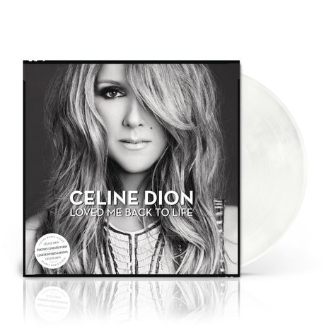 Text: "Celine Dion Loved Me Back to Life." Schwarz-weißes Porträt einer Frau mit langen Haaren.