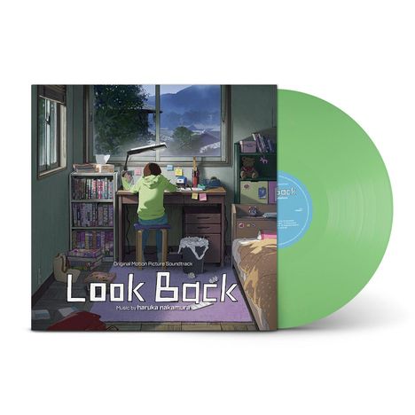 "Look Back" und "Music by haruka nakamura". Illustration: Person am Schreibtisch, grüne Vinyl-Schallplatte.