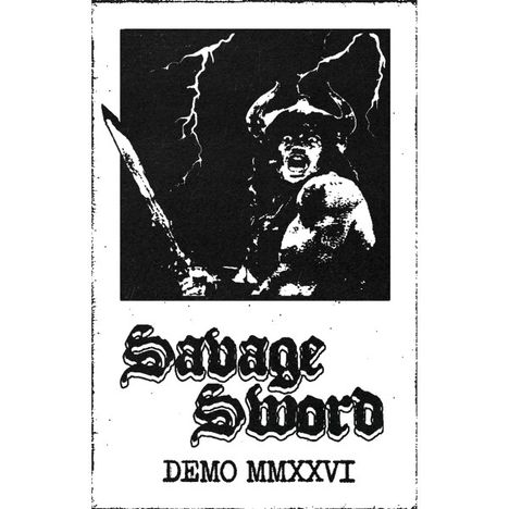"Demo MMXXVI" steht unten, "Savage Sword" darüber. Illustration: Krieger mit Hörnerhelm und Schwert vor Blitzen.
