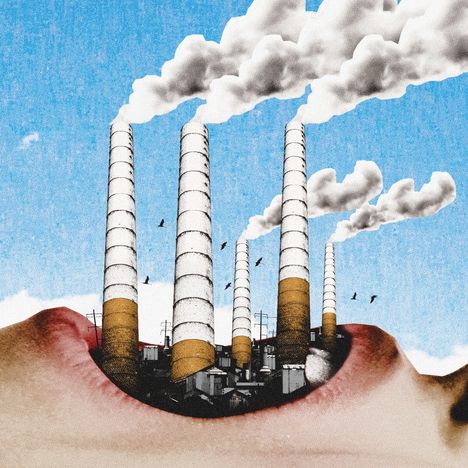 Illustration: Schornsteine rauchen aus einem Körper heraus. Vögel fliegen, blauer Himmel. Häuser im Hintergrund.