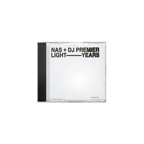 "NAS + DJ PREMIER LIGHT YEARS" in schwarzem Text auf einem klaren CD-Hüllen-Design.