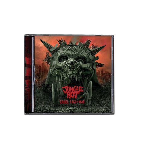 "Jungle Rot" und "Cruel Face of War" vor rotem Himmel. Schädelartige Festung, Umgebung wirkt bedrohlich, apokalyptisch.
