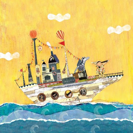 Auf einem gelben Hintergrund segelt ein fantasievolles Schiff über blaue Wellen, mit Wimpeln und einem Zebra an Deck.