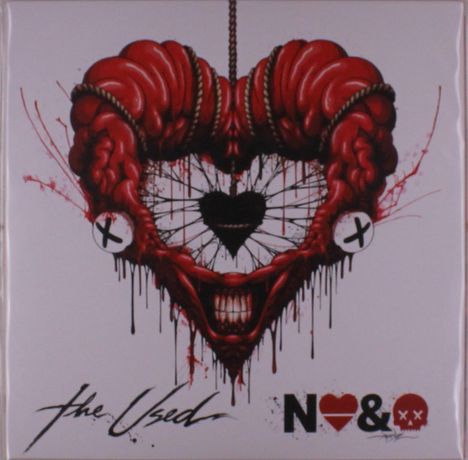 "the Used", "N❤️&☠️". Rotes Herz aus Eingeweiden, Zähne, Seil, schwarze X auf weißen Kreisen.